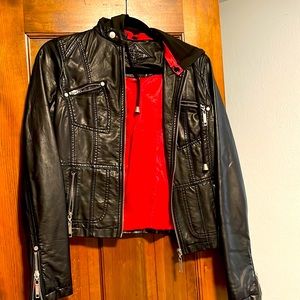 CLOSET CLEAR OUT vegan leather jacket removable hood red satin lining